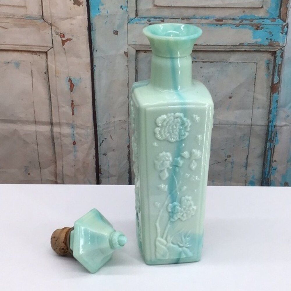 Vintage 1970 Jim Beam Blue Green Embossed Milk Glass Decanter Floral Design & Co